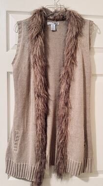 Rxb Beige Sweater Vest Open Cardigan Faux Fur Lined Boho Duster Longline Knit M